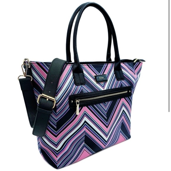 NWT Trina Turk Double Handle Chevron Print Tote Pink Purple Blue‎ Strap Gift - Picture 1 of 12